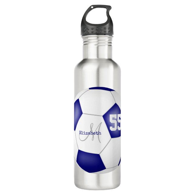 blue white soccer ball girl name jersey number stainless steel water bottle (Front)