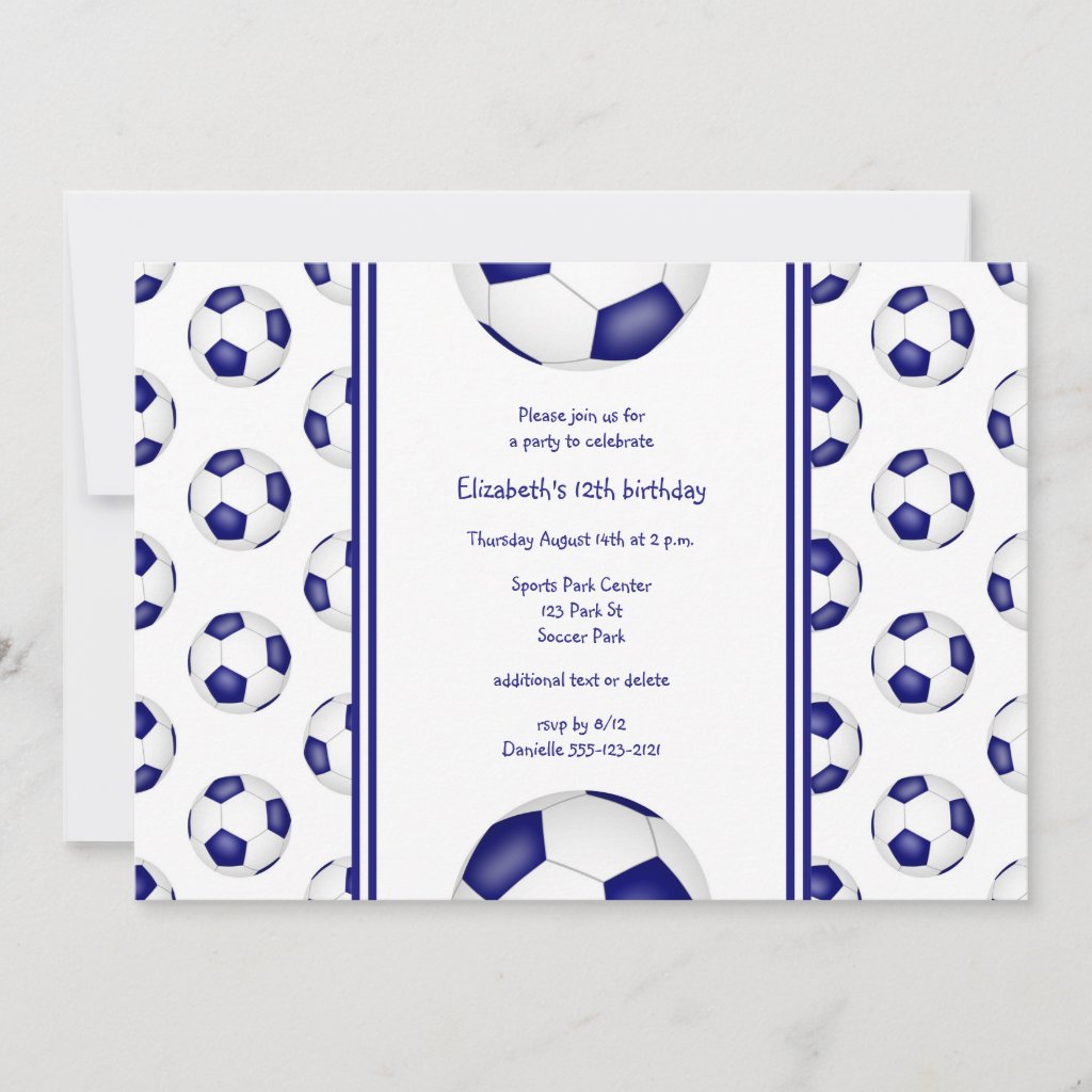 blue white soccer balls pattern birthday party invitation
