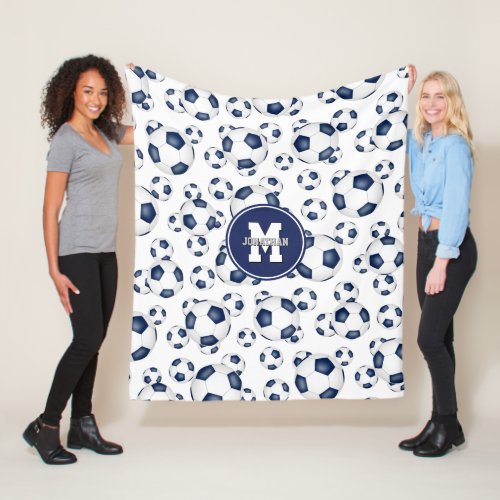 blue white soccer balls pattern boys girls sporty fleece blanket