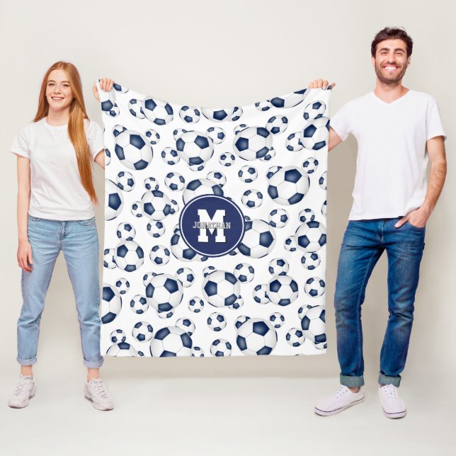 blue white soccer balls pattern boys girls sporty fleece blanket (In Situ)