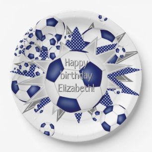 Blue white soccer balls stars birthday paper plates