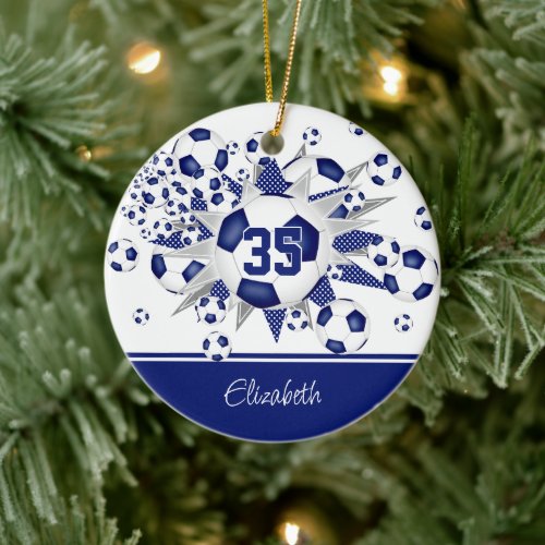 Blue white soccer balls stars commemorative year ceramic ornament