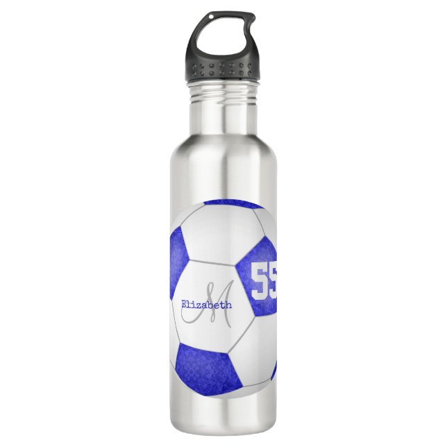 blue white soccer girl name jersey number stainless steel water bottle (Front)