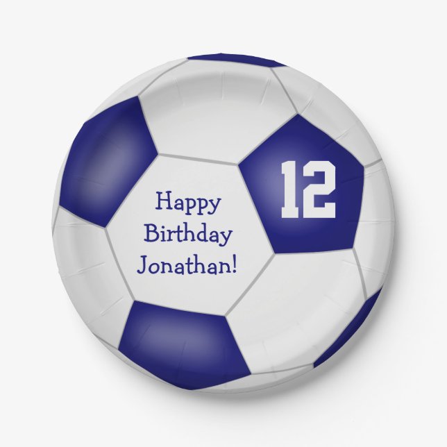 blue white soccer themed kids birthday party paper plates (Front)
