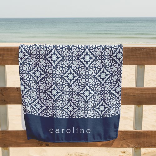 Blue  White Spanish Tile Pattern  Personalized Beach Towel