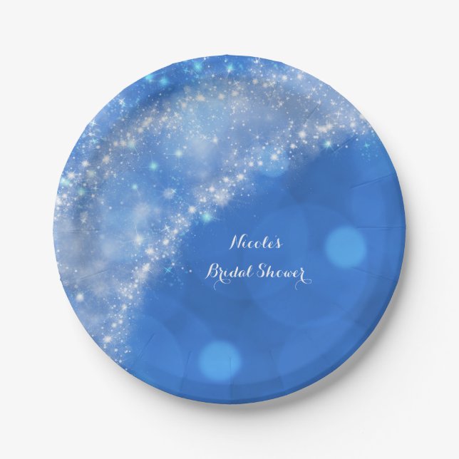 Blue & White Sparkle Cinderella Any Event Party Paper Plates (Front)