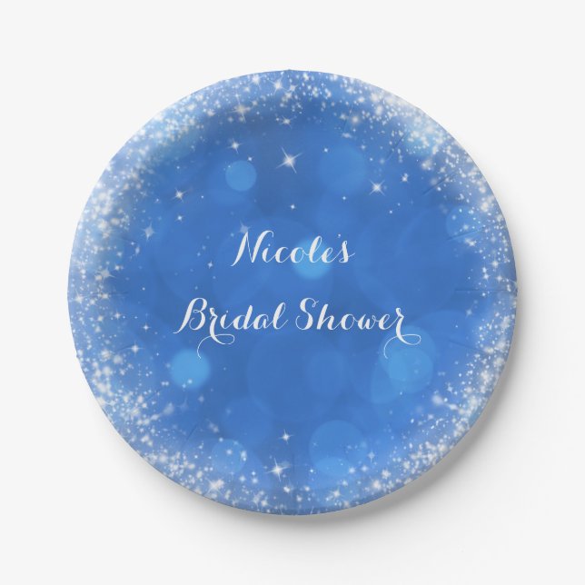 Blue & White Sparkle Cinderella Any Event Party Paper Plates (Front)