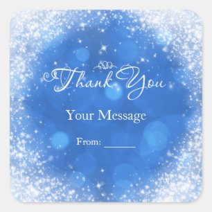 Blue & White Sparkle Cinderella Thank You Square Sticker