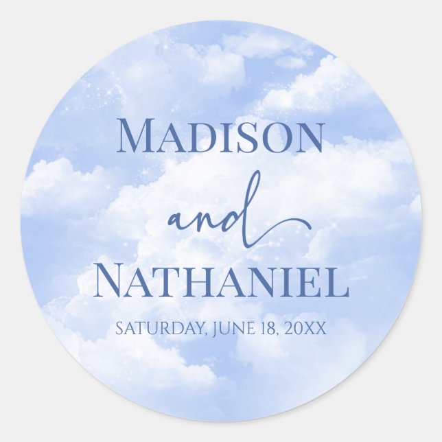 Blue White Sparkle Clouds Dreamy Elegant Wedding Classic Round Sticker (Front)