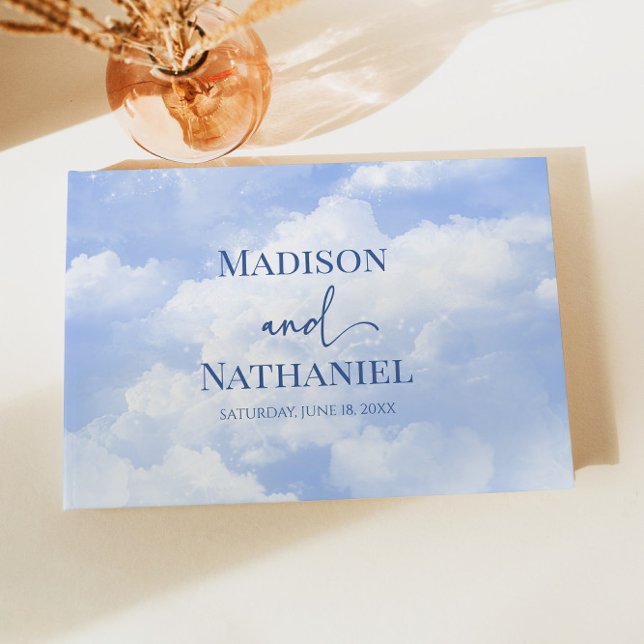 Blue White Sparkle Clouds Dreamy Elegant Wedding Guest Book (Creator Uploaded)