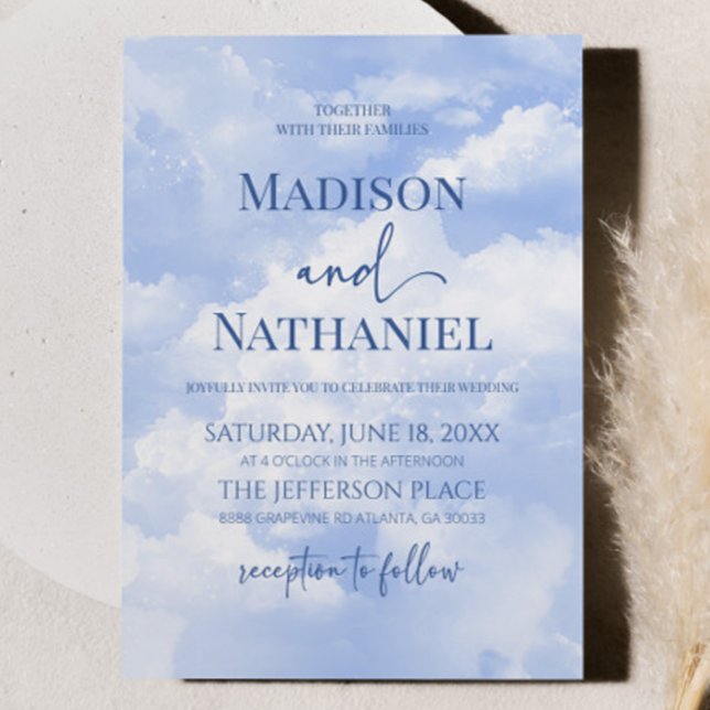 Blue White Sparkle Clouds Dreamy Elegant Wedding Invitation (Creator Uploaded)