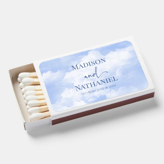 Blue White Sparkle Clouds Dreamy Elegant Wedding Matchboxes (Front Open)