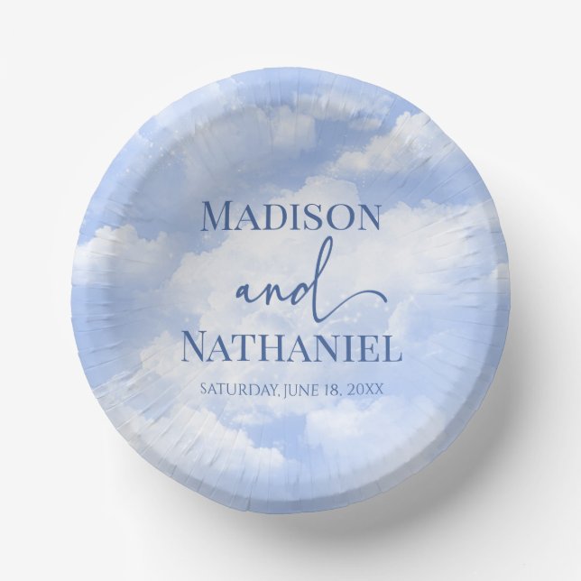 Blue White Sparkle Clouds Dreamy Elegant Wedding Paper Bowls (Front)