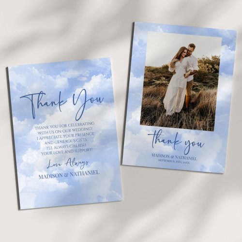 Blue White Sparkle Clouds Wedding Custom Photo Thank You Card