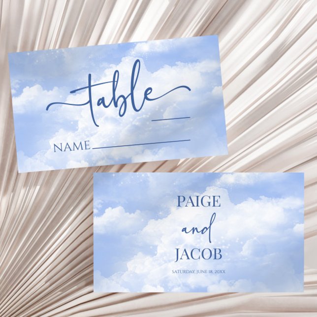 Blue White Sparkle Clouds Wedding Place Card (Creator Uploaded)