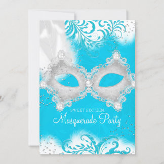 Blue White sparkle Mask Masquerade Sweet 16 Invitation