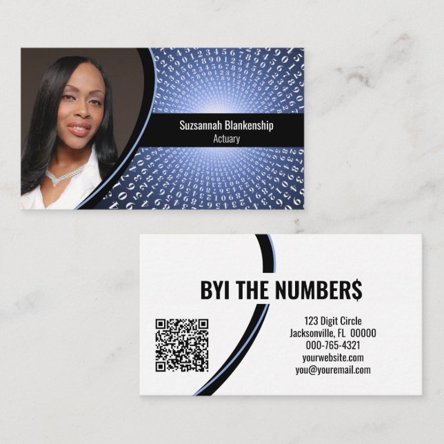 Blue White Spiral Numbers Custom Photo QR Code Business Card (Front/Back)