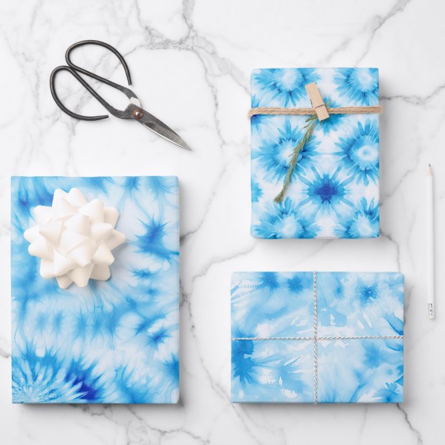 Blue White Spiral Tie Dye Wrapping Paper Sheets (Front)