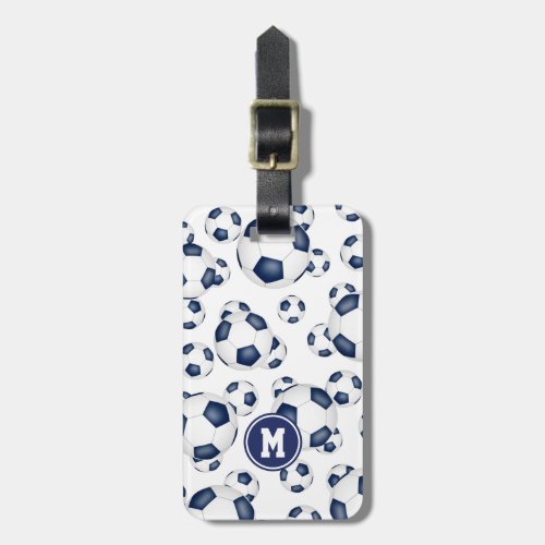 blue white sports team colors soccer balls pattern luggage tag