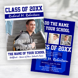 Blue White Sporty Guy's Graduation Varsity Number Invitation