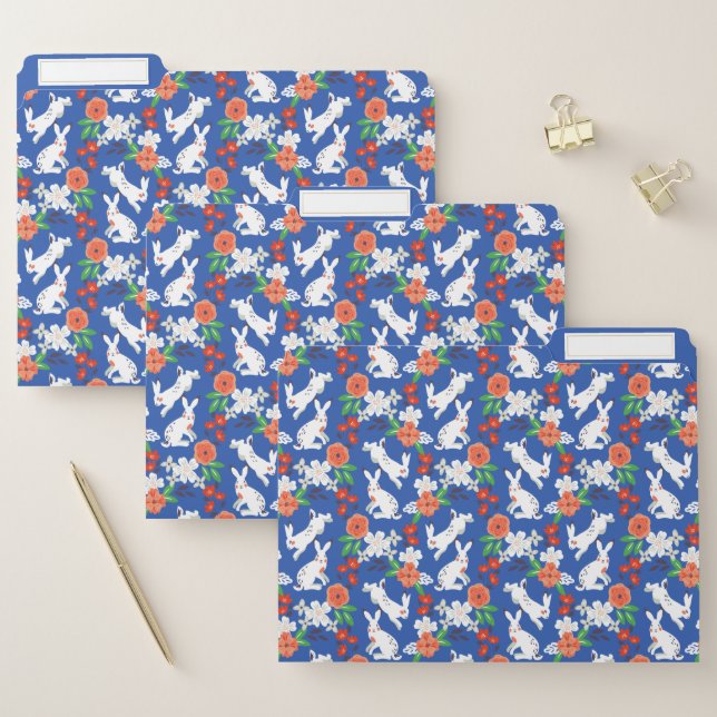Blue White Spring Bunny Floral Garden File Folder (Set)