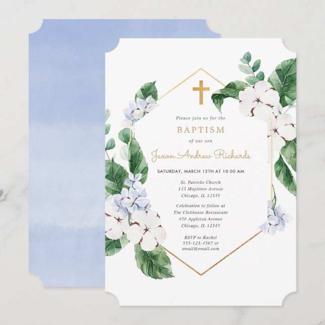 Blue white spring florals gold boy baptism invitation (Front/Back)