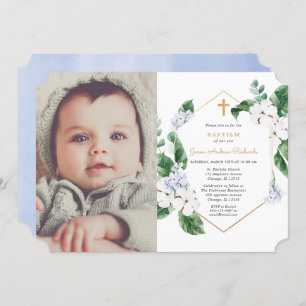 Blue white spring florals gold boy baptism photo invitation