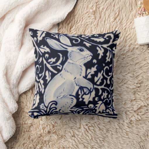 Blue White Standing Rabbit Hare Bunny Chinoiserie Throw Pillow | Zazzle