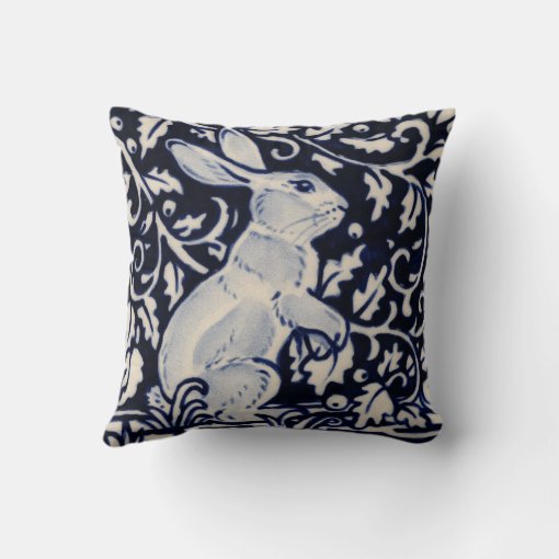 Blue White Standing Rabbit Hare Bunny Chinoiserie Throw Pillow | Zazzle