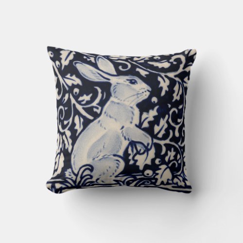 Blue White Standing Rabbit Hare Bunny Chinoiserie Throw Pillow