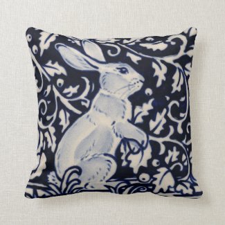 Blue White Standing Rabbit Hare Bunny Chinoiserie Throw Pillow