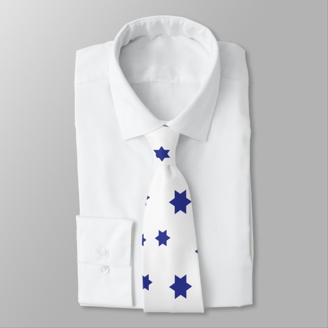 Blue White Star of David pattern Neck Tie (Tied)