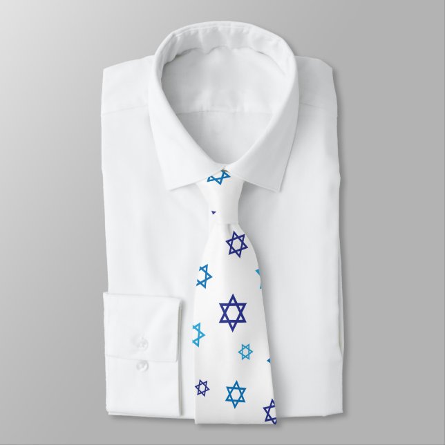 Blue White Star of David pattern Neck Tie (Tied)