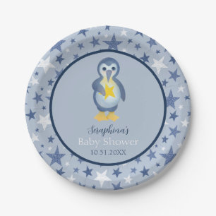 Blue & White Star Penguin Baby Shower Paper Plates