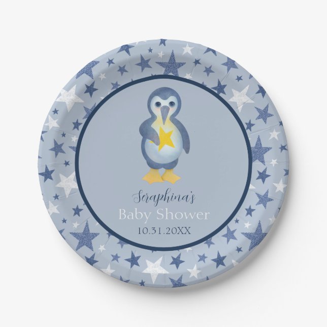 Blue & White Star Penguin Baby Shower Paper Plates (Front)
