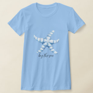 Blue White Starfish Beach   T-Shirt