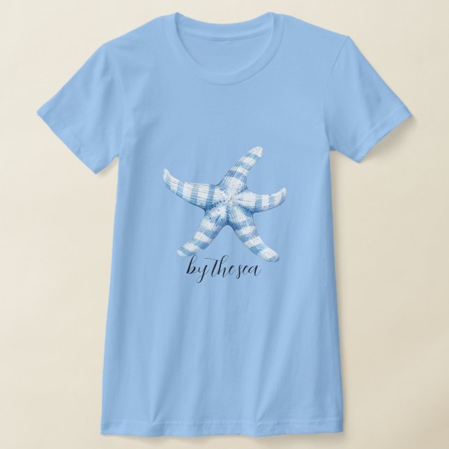 Blue White Starfish Beach   T-Shirt (Laydown)