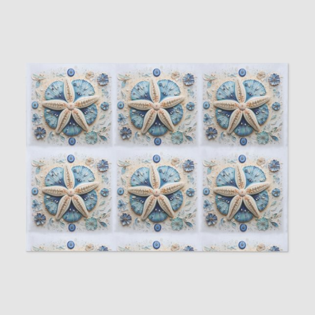 Blue White Starfish Seashell Nautical Decoupage Tissue Paper (Front)