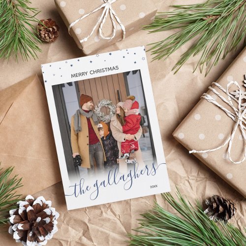 Blue White Stars Name In Script Christmas Photo Holiday Card