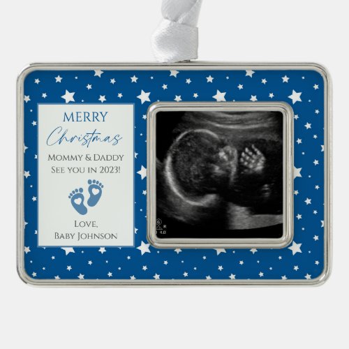 Blue  White Stars New Baby Ultrasound Photo Christmas Ornament