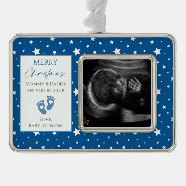 Blue & White Stars New Baby Ultrasound Photo Christmas Ornament (Front)