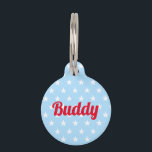 Blue White Stars Red Dog Puppy Cat Kitty Name Cool Pet ID Tag<br><div class="desc">Create your own custom, personalized, bold christmas red rustic vintage western script / typography custom name at front and back, and retro cool chic stylish geometric trendy light blue and white stars pattern background, , durable, 100% recycled steel, pet dog cat doggy puppy kitten kitty ID name tag. Simply enter...</div>