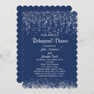 Blue White String Lights Winter Rehearsal Dinner Invitation