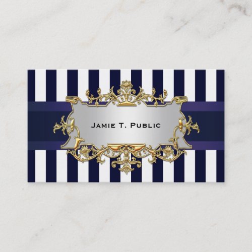 Blue White Stripe Blue Ribbon Gold Framed Label Business Card