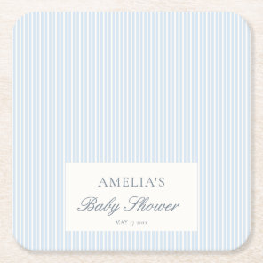 Blue White Stripe Custom Classic Baby Shower Square Paper Coaster