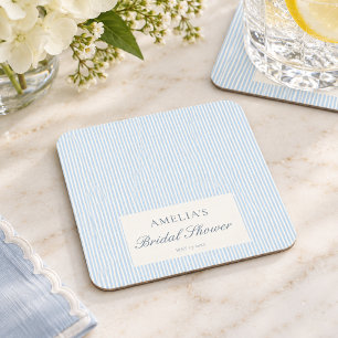 Blue White Stripe Custom Classic Bridal Shower Square Paper Coaster