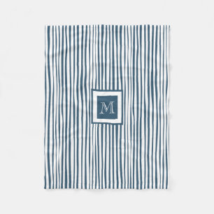 Blue White Stripe Custom Monogram Personalized Fleece Blanket