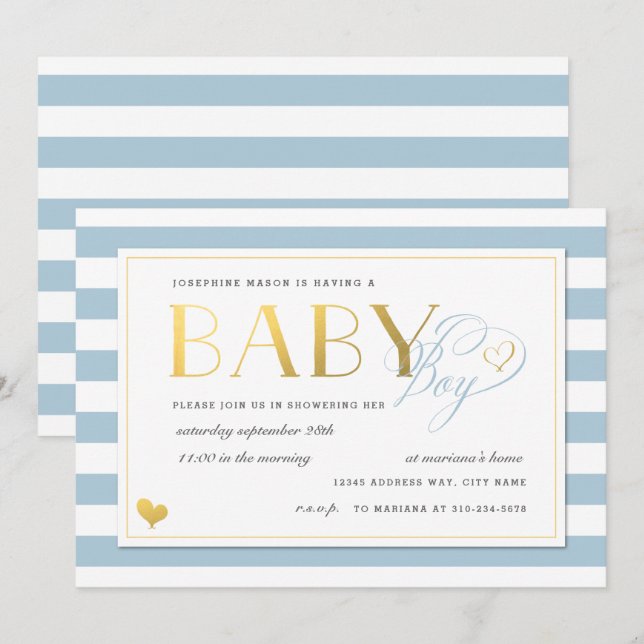 Blue & White Stripe Faux Gold Baby Boy Shower Invitation (Front/Back)