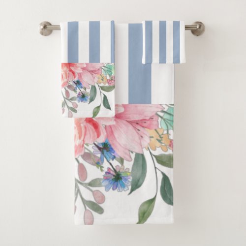 Blue  White Stripe Floral Bathroom Towel Sets