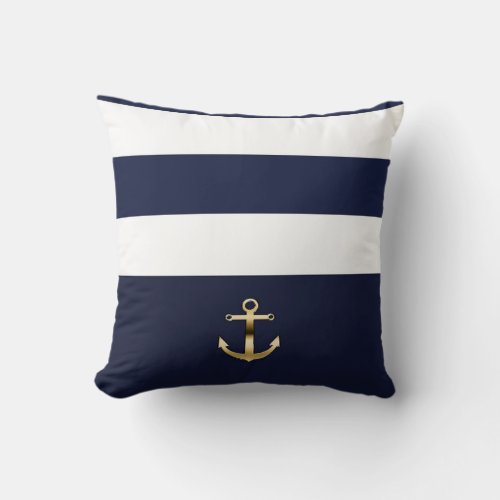 Blue  White Stripe Gold Anchor Nautical Chic Throw Pillow